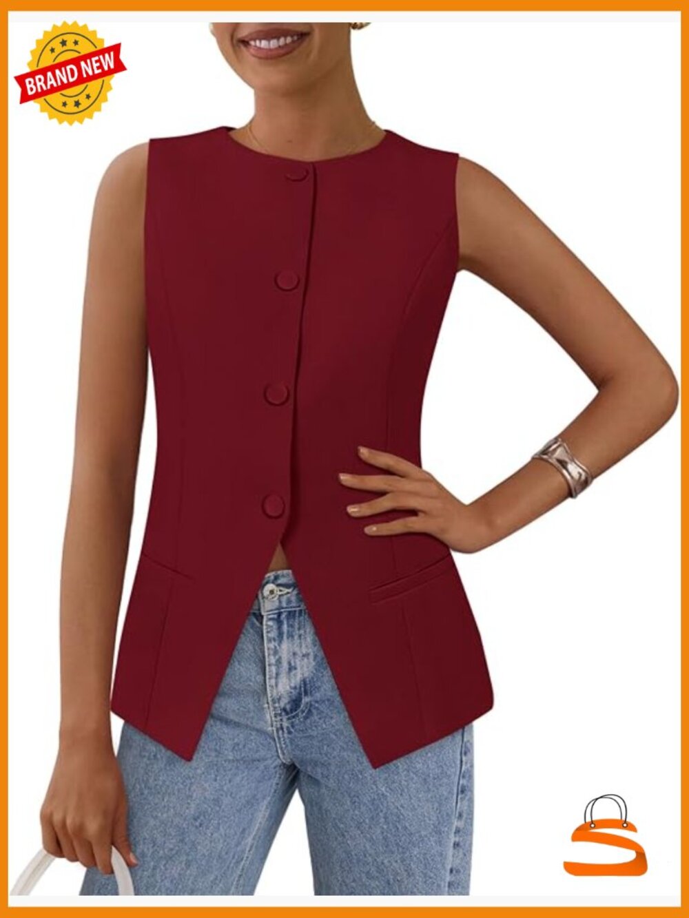 Women's Sleeveless Button Down Suit Vest Blazer Top Business Casual